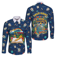Personalized Hawaii Back To School Aloha Learning Family Matching Mermaid Dress and Hawaiian Shirt Retro Rainbow open Notebook with Pineapple and Hibiscus Flowers TS04 Dad's Shirt - Long Sleeve Blue - Polynesian Pride