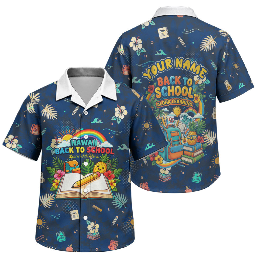 Personalized Hawaii Back To School Aloha Learning Family Matching Off The Shoulder Long Sleeve Dress and Hawaiian Shirt Retro Rainbow open Notebook with Pineapple and Hibiscus Flowers TS04 Son's Shirt Blue - Polynesian Pride