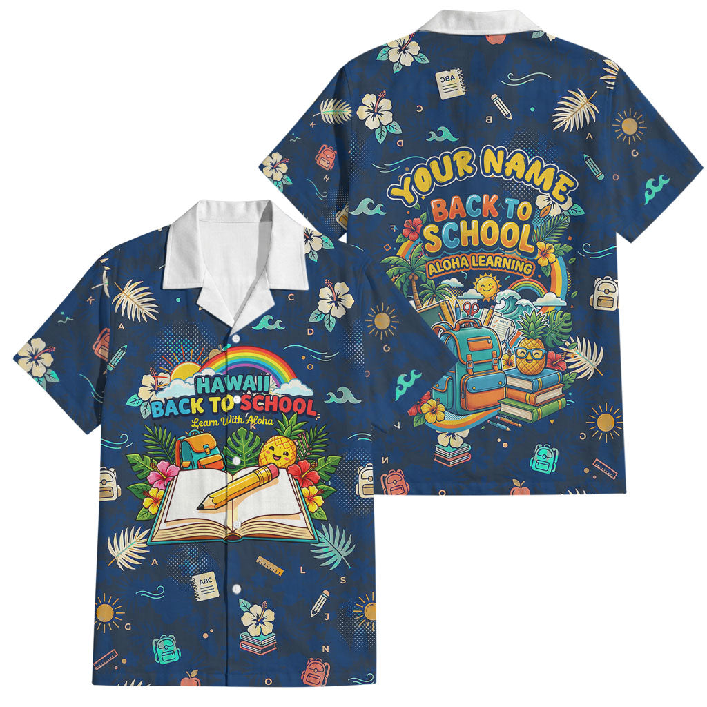 Personalized Hawaii Back To School Aloha Learning Family Matching Summer Maxi Dress and Hawaiian Shirt Retro Rainbow open Notebook with Pineapple and Hibiscus Flowers TS04 Dad's Shirt - Short Sleeve Blue - Polynesian Pride