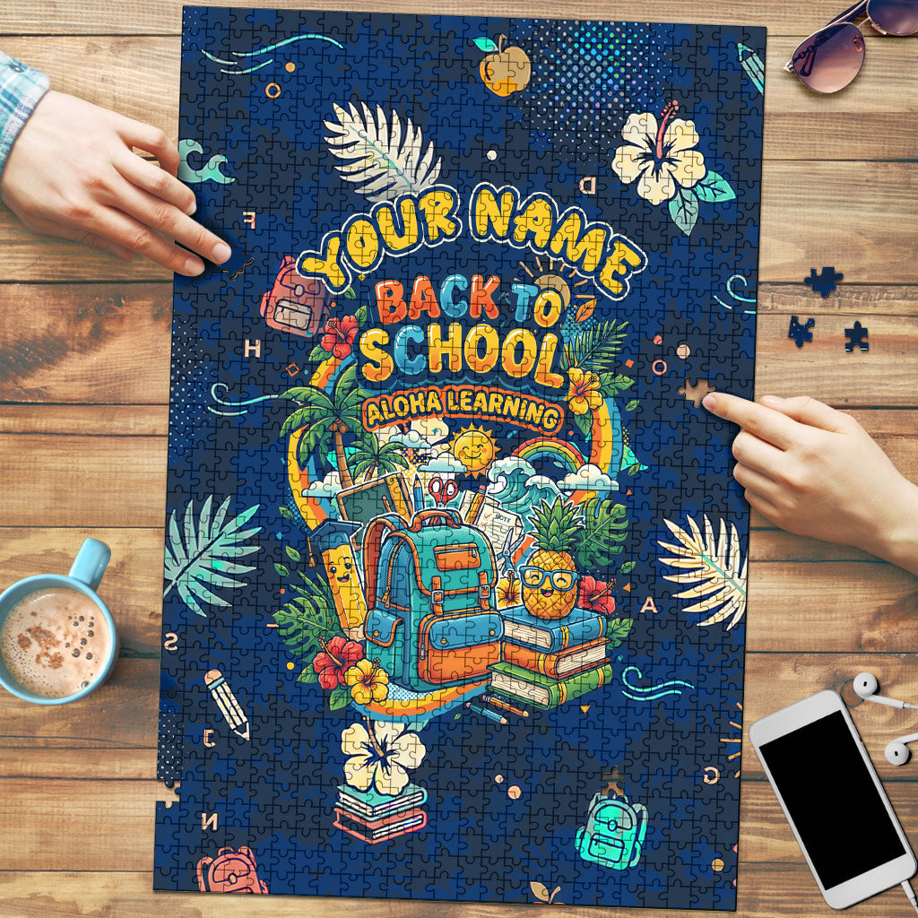 Personalized Hawaii Back To School Aloha Learning Puzzle Retro Rainbow open Notebook with Pineapple and Hibiscus Flowers TS04 Blue - Polynesian Pride