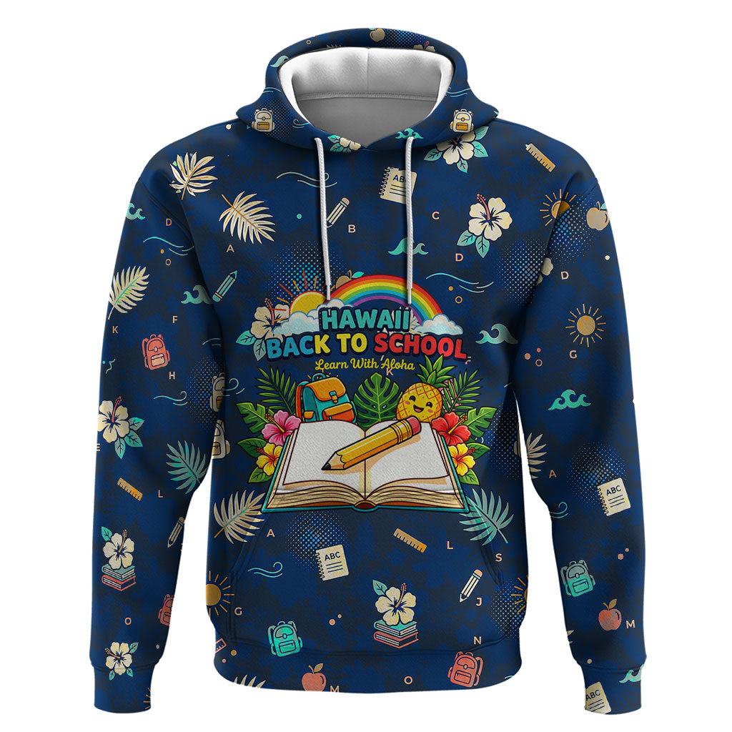 Personalized Hawaii Back To School Aloha Learning Zip Hoodie Retro Rainbow open Notebook with Pineapple and Hibiscus Flowers TS04 Pullover Hoodie Blue - Polynesian Pride