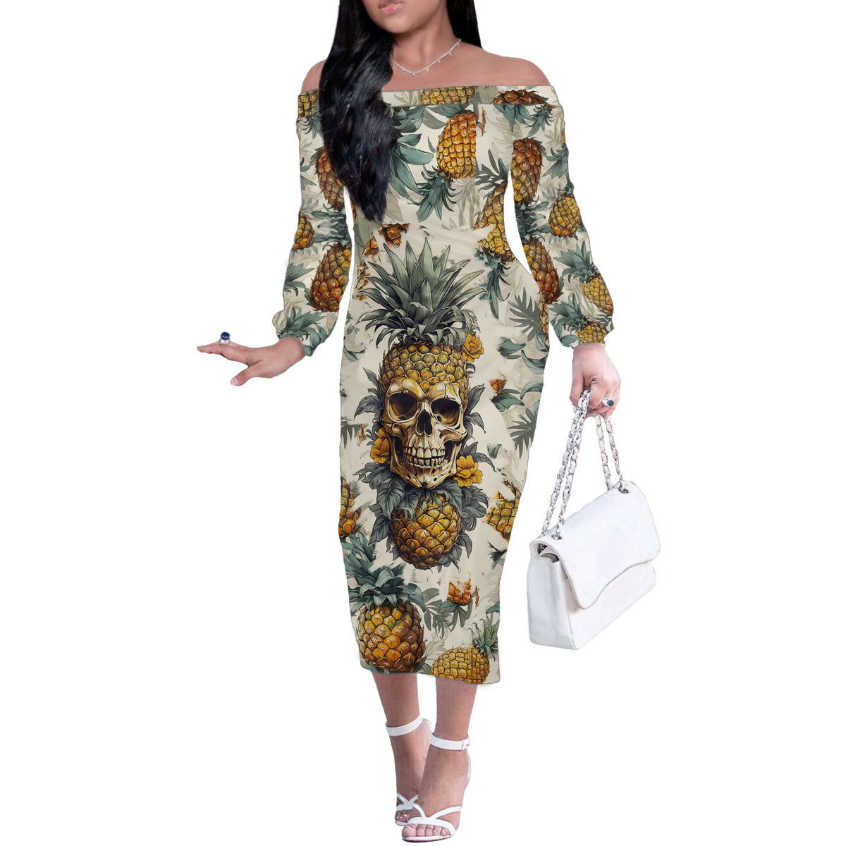 Pineapple Skull Off The Shoulder Long Sleeve Dress Summer Paradise TS04 - Polynesian Pride