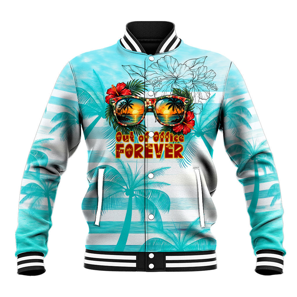 Out Of Office Retired Relocated Baseball Jacket Tropical Island Hawaiian Beach Sunset Sunglasses Suitcase TS04 Unisex Blue White - Polynesian Pride