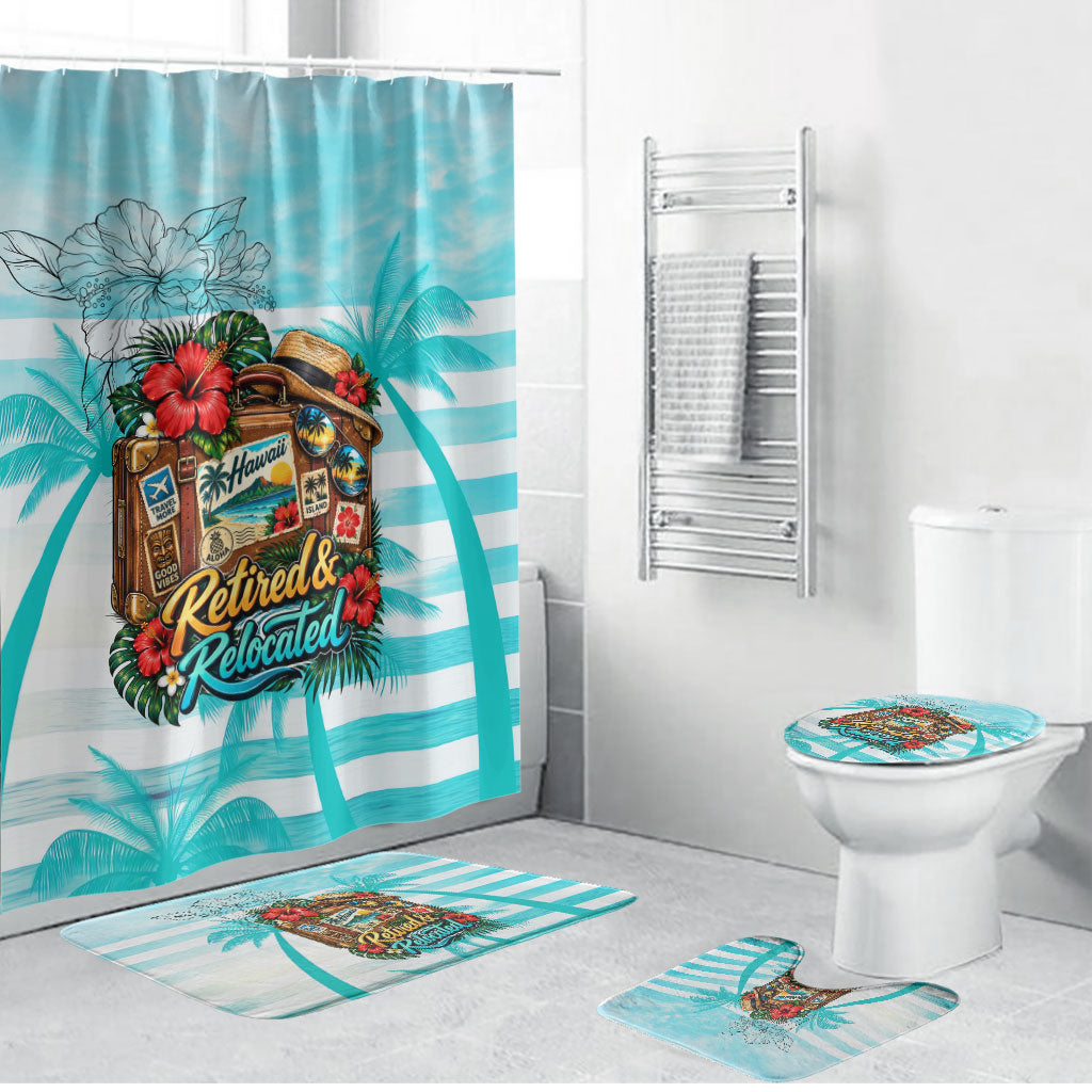 Out Of Office Retired Relocated Bathroom Set Tropical Island Hawaiian Beach Sunset Sunglasses Suitcase TS04 Bathroom Set (4 pcs) Blue White - Polynesian Pride