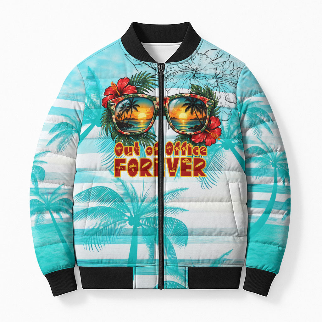 Out Of Office Retired Relocated Bomber Puffer Jacket Tropical Island Hawaiian Beach Sunset Sunglasses Suitcase TS04 Unisex Blue White - Polynesian Pride