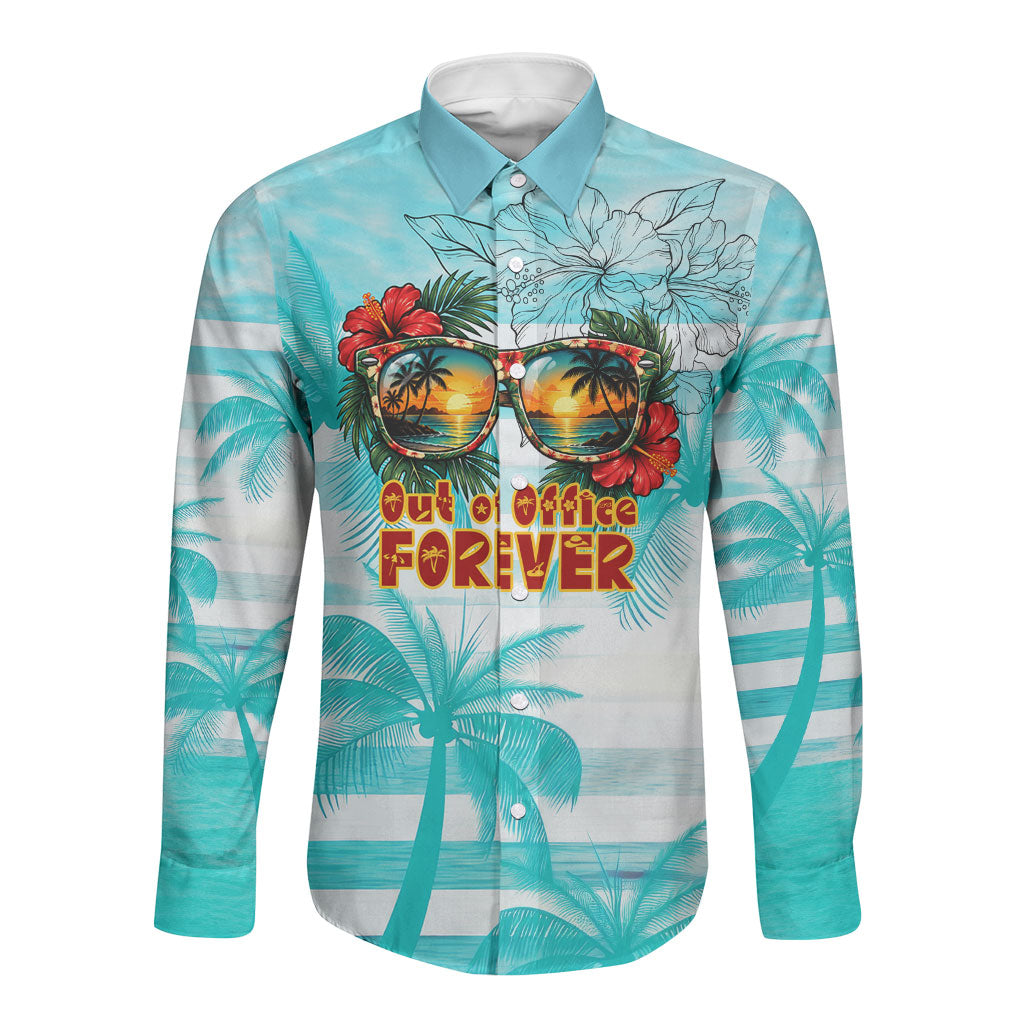 Out Of Office Retired Relocated Long Sleeve Button Shirt Tropical Island Hawaiian Beach Sunset Sunglasses Suitcase TS04 Unisex Blue White - Polynesian Pride
