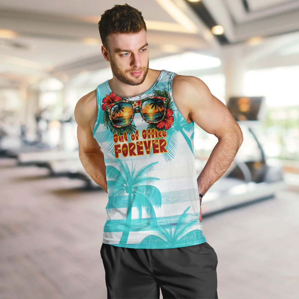 Out Of Office Retired Relocated Men Tank Top Tropical Island Hawaiian Beach Sunset Sunglasses Suitcase TS04 Blue White - Polynesian Pride