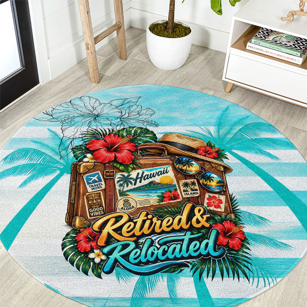 Out Of Office Retired Relocated Round Carpet Tropical Island Hawaiian Beach Sunset Sunglasses Suitcase TS04 Blue White - Polynesian Pride