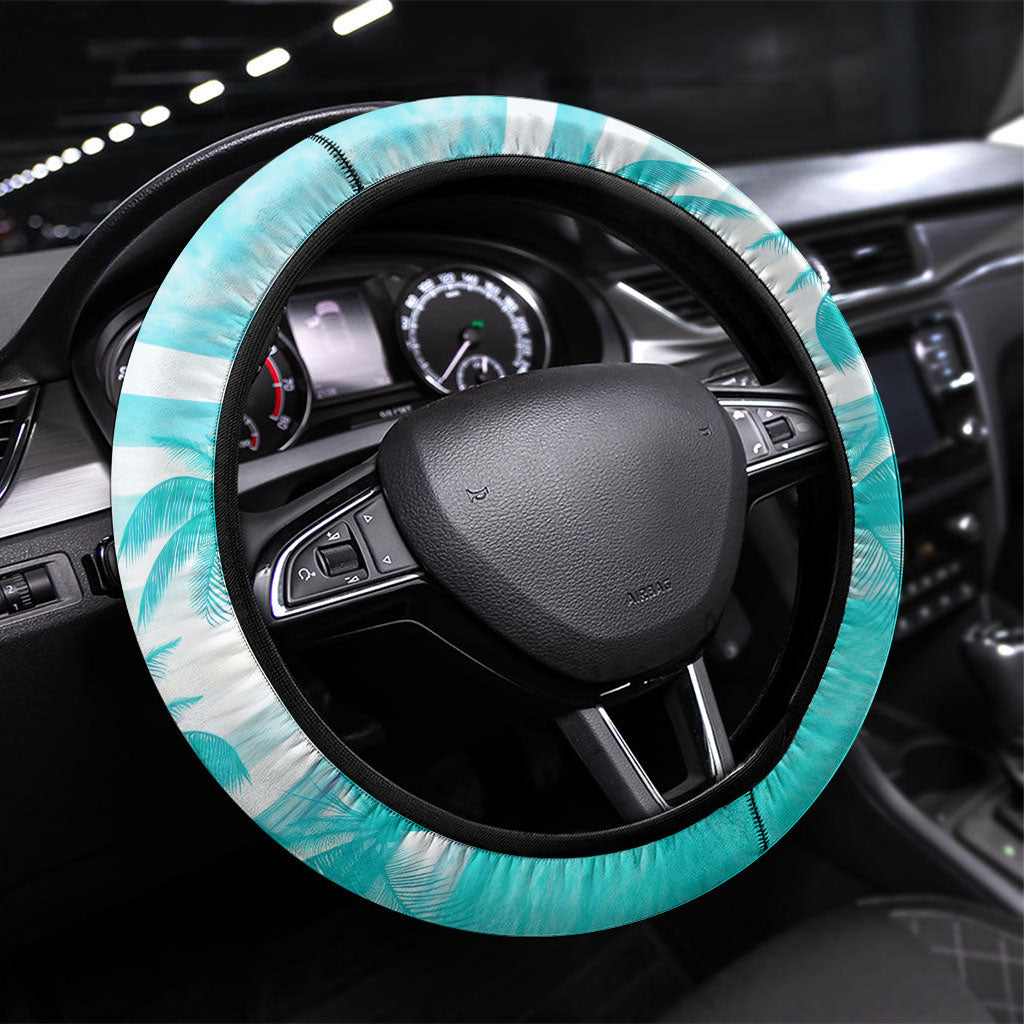 Out Of Office Retired Relocated Steering Wheel Cover Tropical Island Hawaiian Beach Sunset Sunglasses Suitcase TS04 Universal Fit Blue White - Polynesian Pride