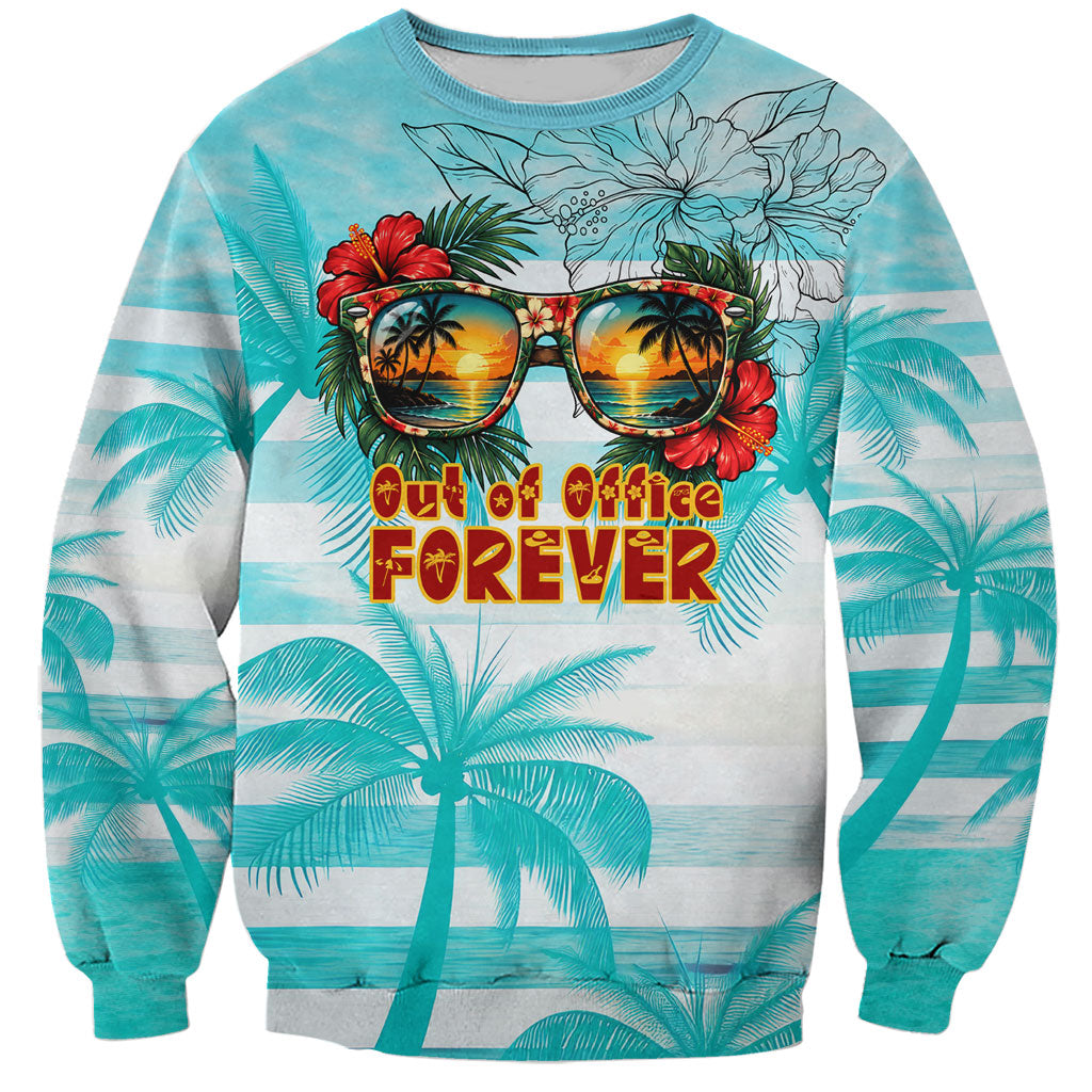 Out Of Office Retired Relocated Sweatshirt Tropical Island Hawaiian Beach Sunset Sunglasses Suitcase TS04 Unisex Blue White - Polynesian Pride