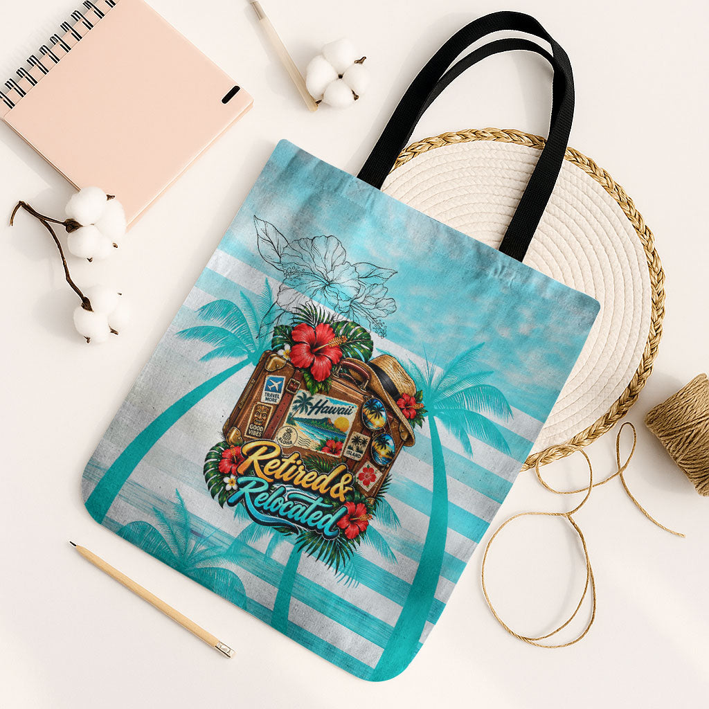 Out Of Office Retired Relocated Tote Bag Tropical Island Hawaiian Beach Sunset Sunglasses Suitcase TS04 Black Strap One Size Blue White - Polynesian Pride
