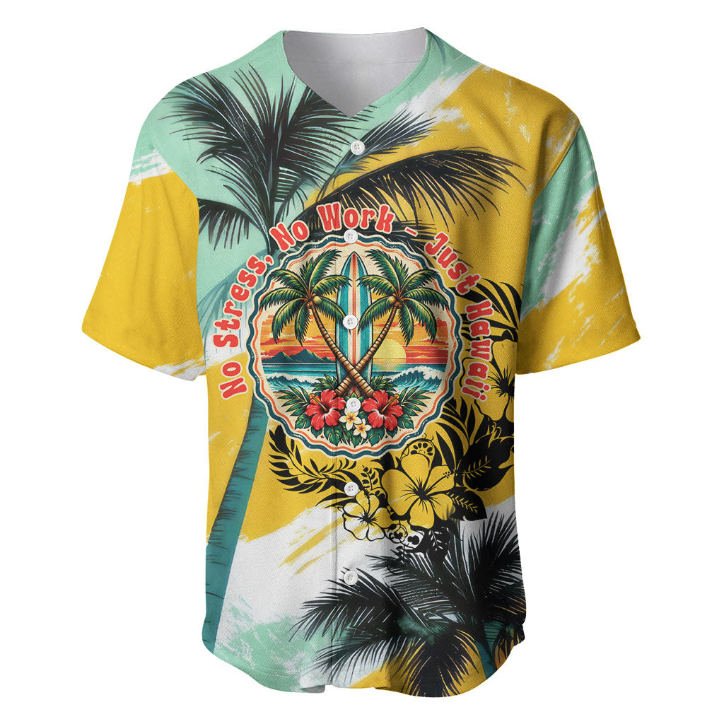 Hawaii Retirement Vacation Baseball Jersey Tropical Sunset Beach Pink Flamingo Surfboard Palm Tree TS04 Yellow Green - Polynesian Pride