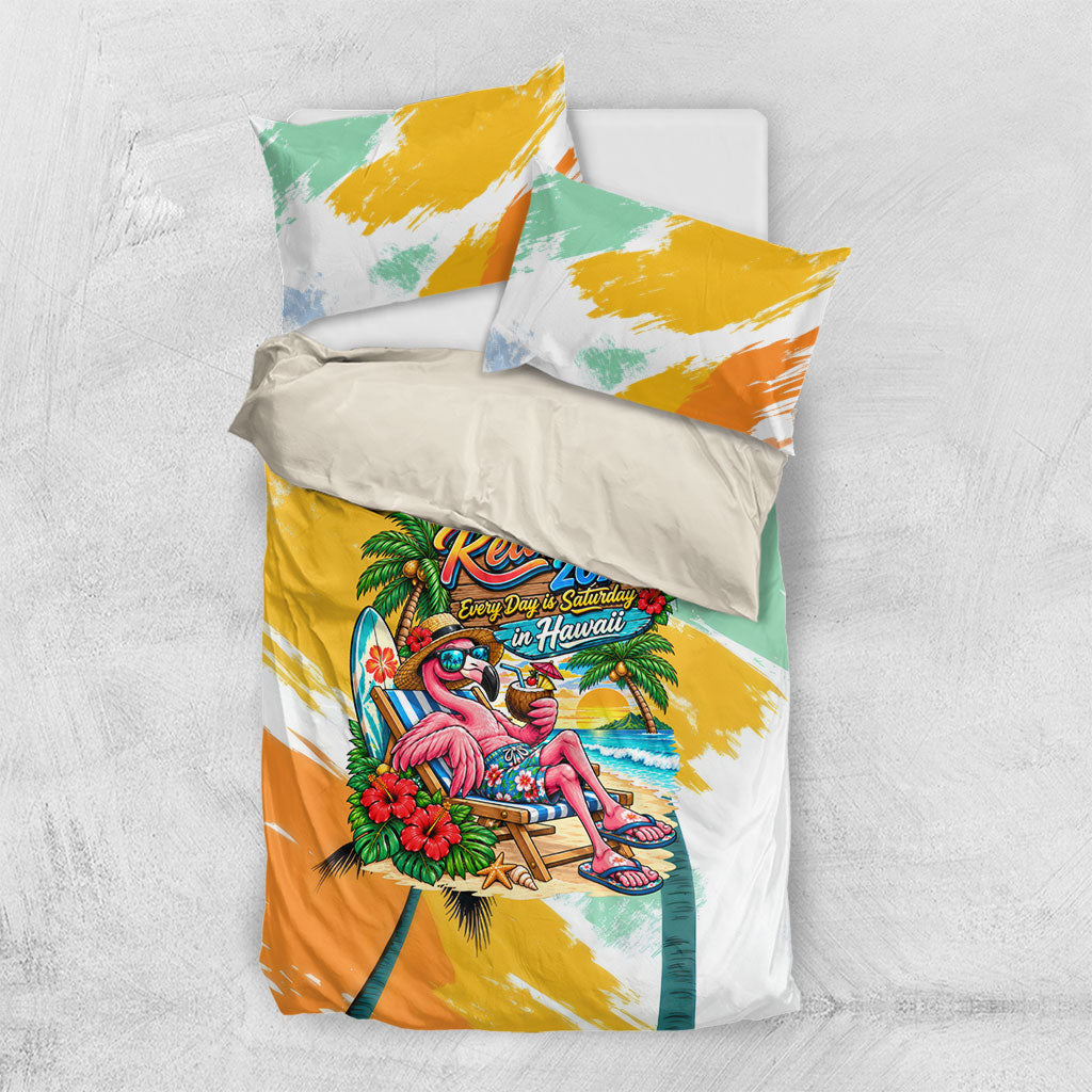 Hawaii Retirement Vacation Bedding Set Tropical Sunset Beach Pink Flamingo Surfboard Palm Tree TS04 US Twin 172cm x 218cm Yellow Green - Polynesian Pride