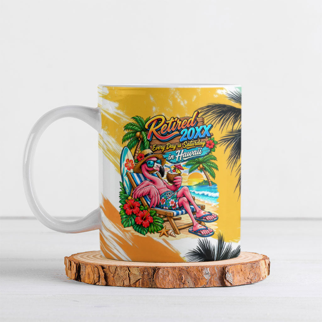 Hawaii Retirement Vacation Ceramic Mug Tropical Sunset Beach Pink Flamingo Surfboard Palm Tree TS04 Yellow Green - Polynesian Pride