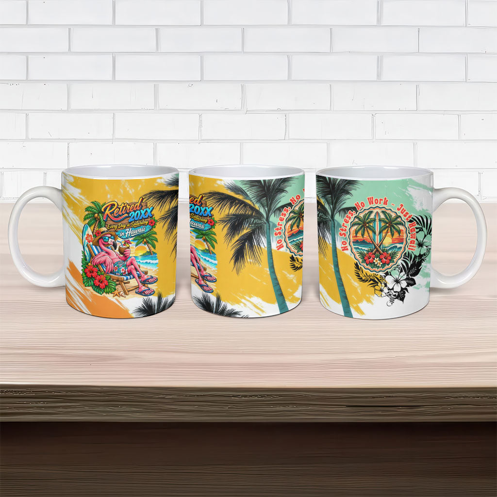 Hawaii Retirement Vacation Ceramic Mug Tropical Sunset Beach Pink Flamingo Surfboard Palm Tree TS04 - Polynesian Pride