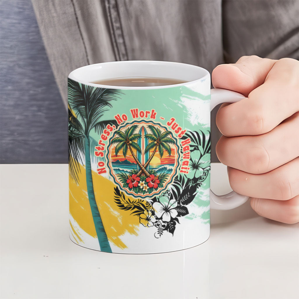 Hawaii Retirement Vacation Ceramic Mug Tropical Sunset Beach Pink Flamingo Surfboard Palm Tree TS04 - Polynesian Pride