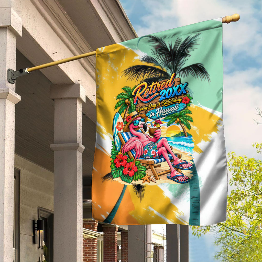 Hawaii Retirement Vacation Garden Flag Tropical Sunset Beach Pink Flamingo Surfboard Palm Tree TS04 House Flag Yellow Green - Polynesian Pride