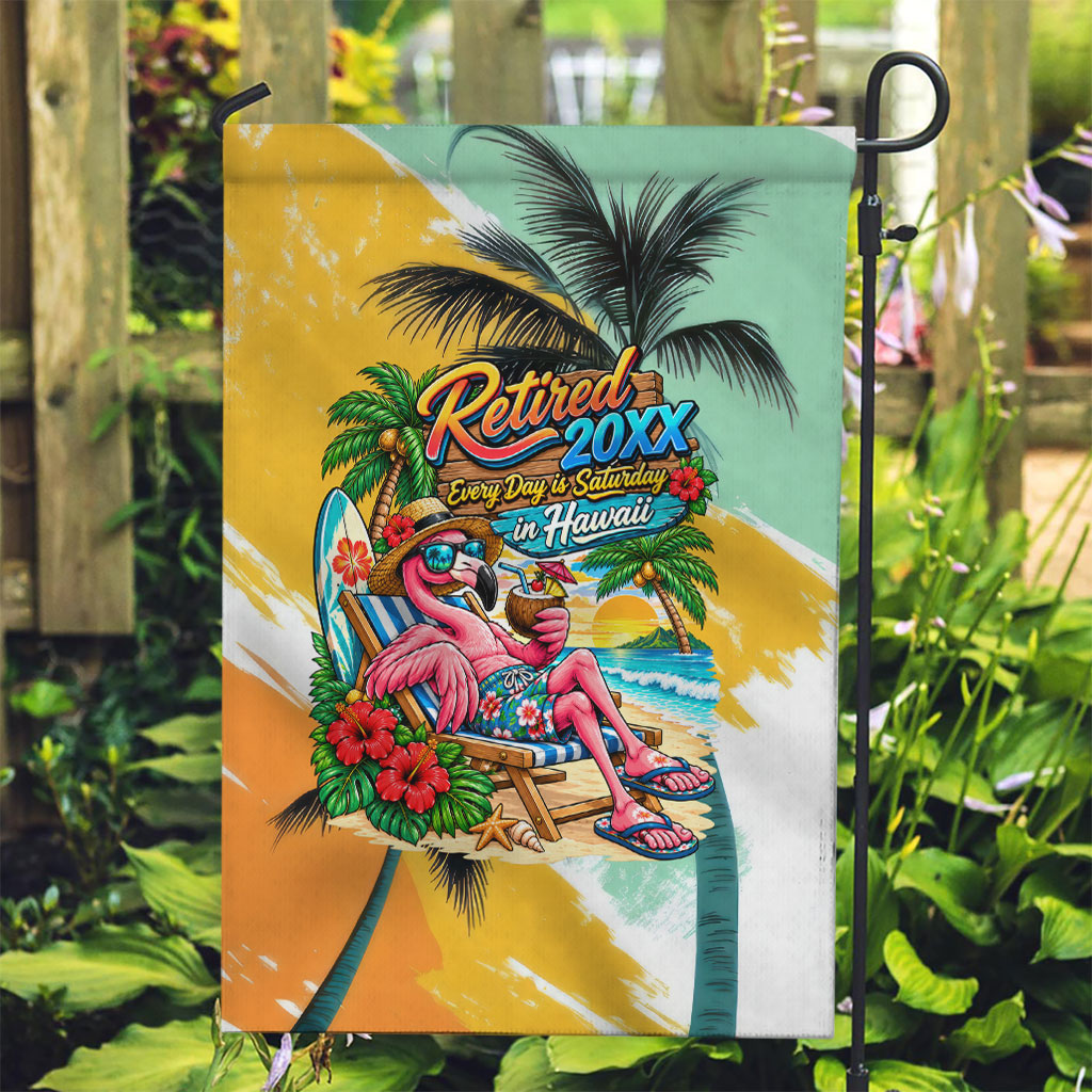 Hawaii Retirement Vacation Garden Flag Tropical Sunset Beach Pink Flamingo Surfboard Palm Tree TS04 Garden Flag Yellow Green - Polynesian Pride