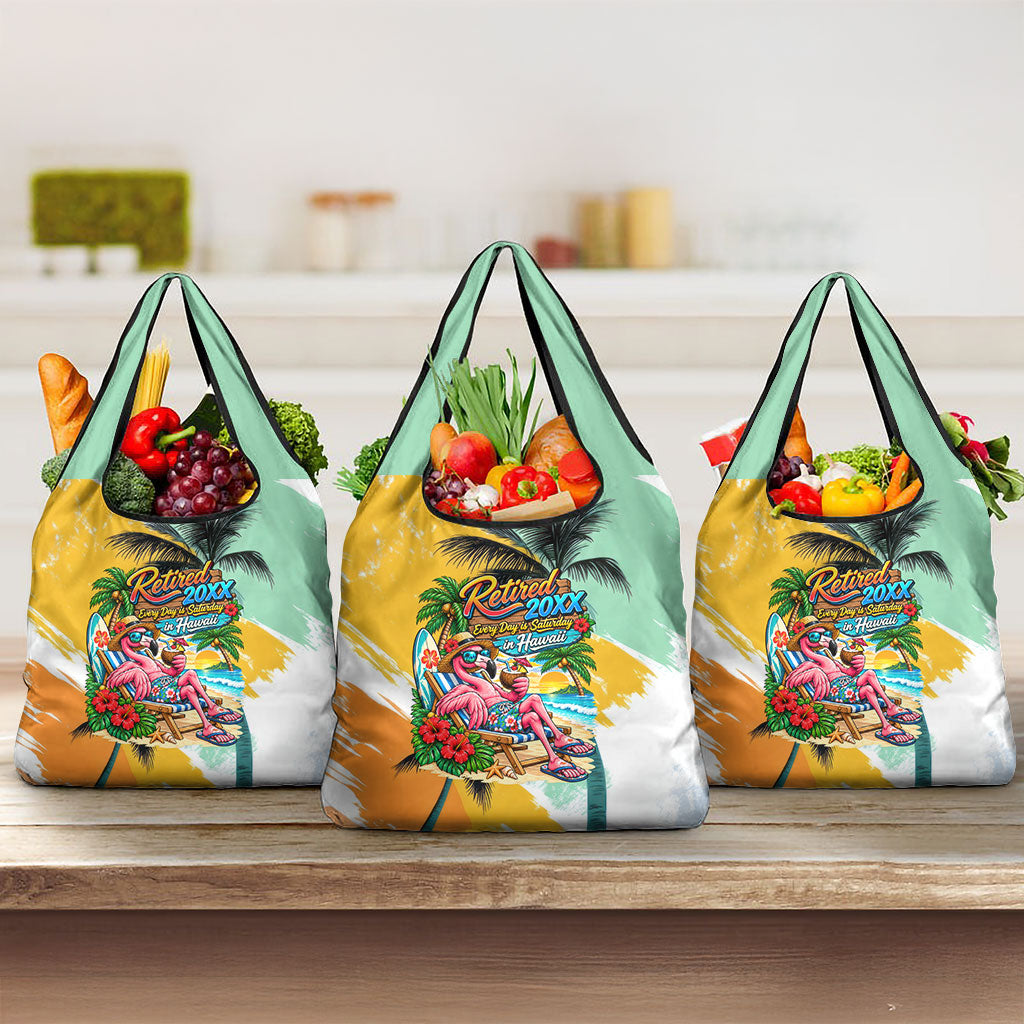 Hawaii Retirement Vacation Grocery Bag Tropical Sunset Beach Pink Flamingo Surfboard Palm Tree TS04 3-pack One Size Yellow Green - Polynesian Pride