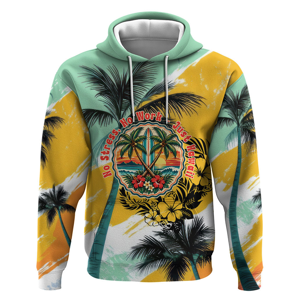 Hawaii Retirement Vacation Hoodie Tropical Sunset Beach Pink Flamingo Surfboard Palm Tree TS04 Pullover Hoodie Yellow Green - Polynesian Pride