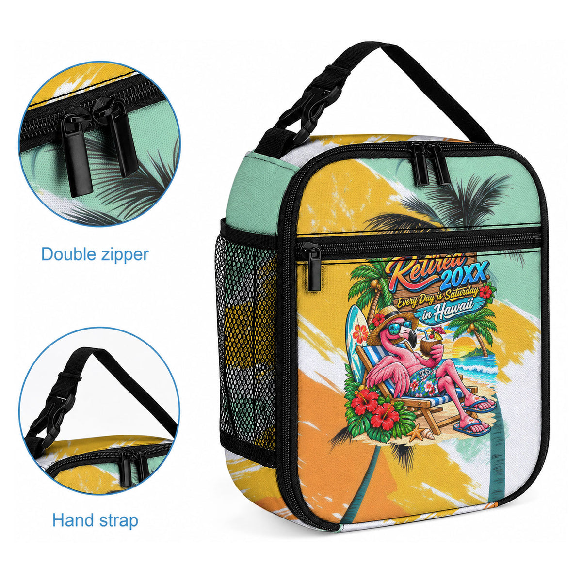 Hawaii Retirement Vacation Lunch Bag Tropical Sunset Beach Pink Flamingo Surfboard Palm Tree TS04 - Polynesian Pride