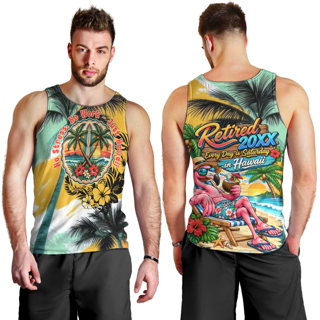 Hawaii Retirement Vacation Men Tank Top Tropical Sunset Beach Pink Flamingo Surfboard Palm Tree TS04 - Polynesian Pride