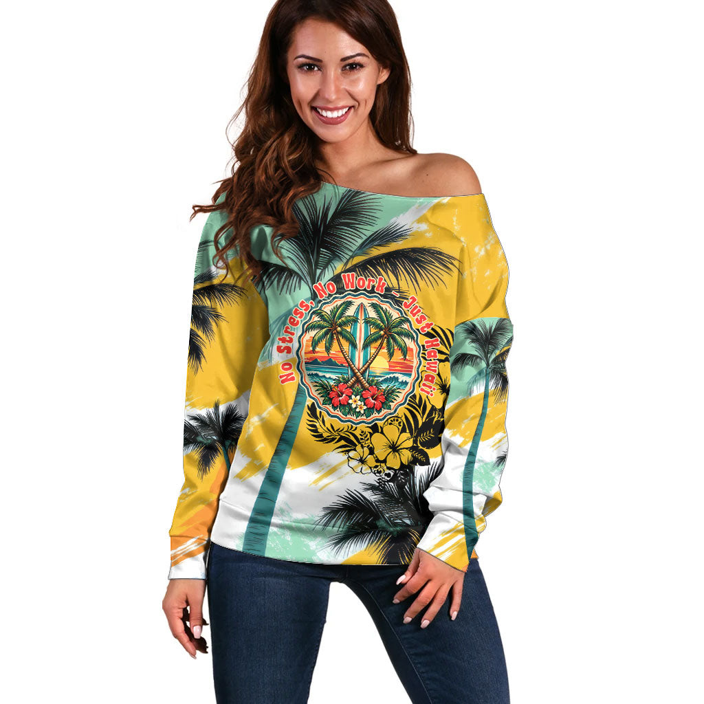 Hawaii Retirement Vacation Off Shoulder Sweater Tropical Sunset Beach Pink Flamingo Surfboard Palm Tree TS04 Women Yellow Green - Polynesian Pride