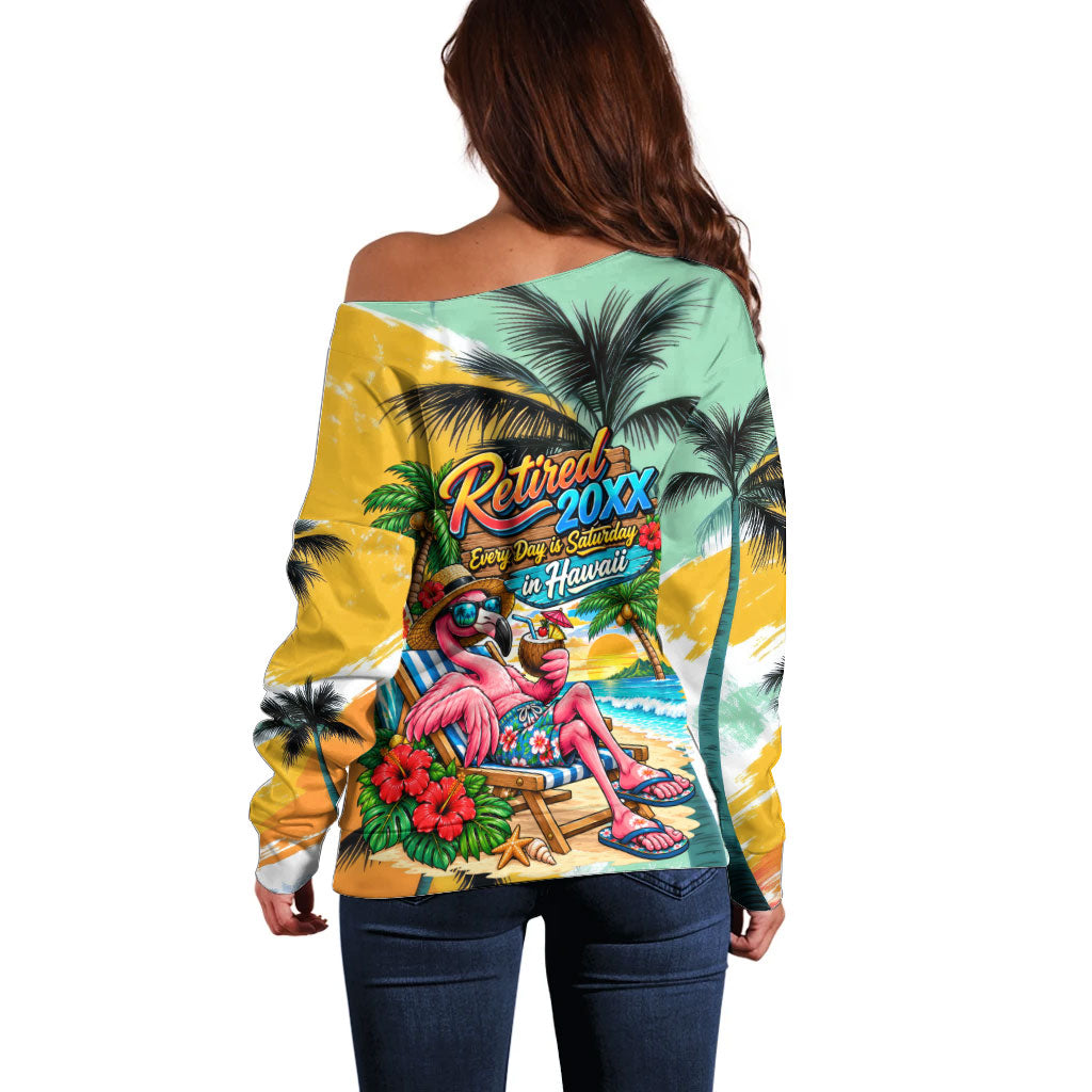 Hawaii Retirement Vacation Off Shoulder Sweater Tropical Sunset Beach Pink Flamingo Surfboard Palm Tree TS04 - Polynesian Pride