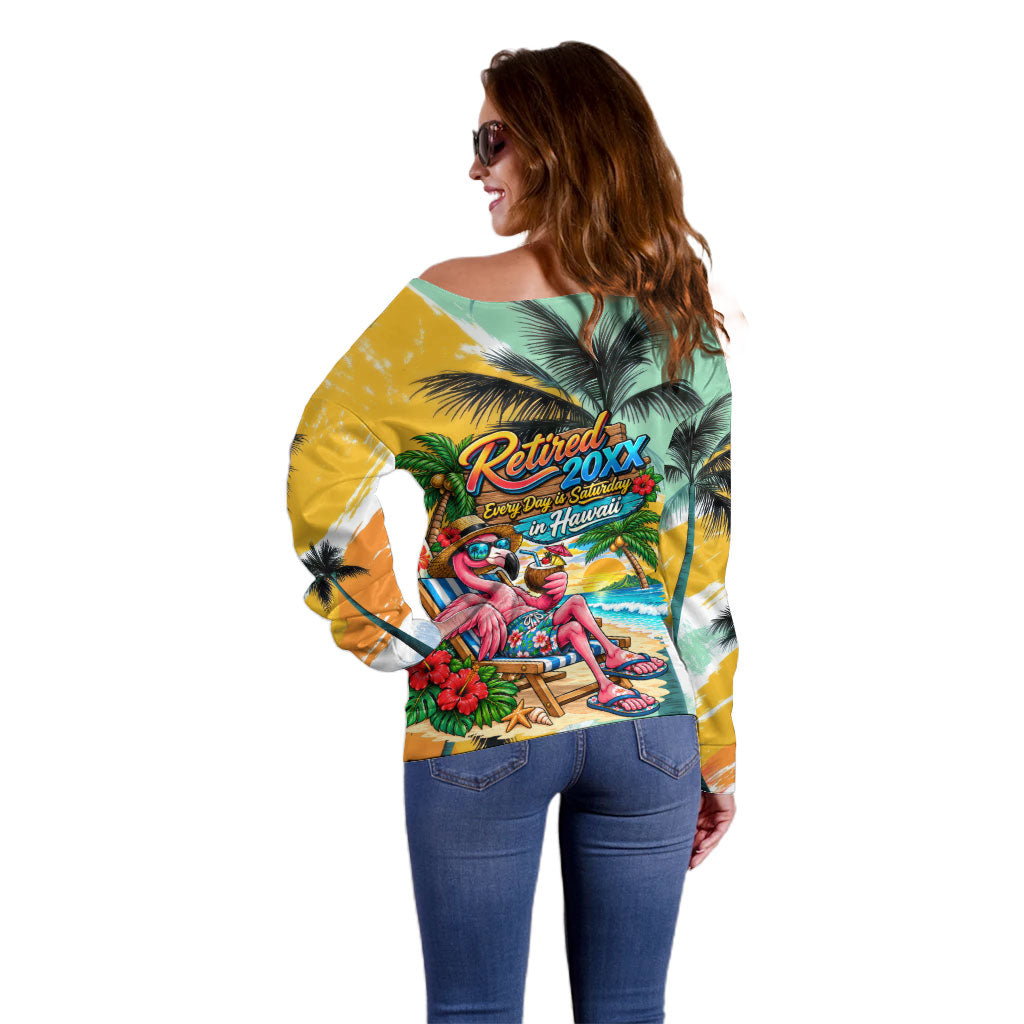 Hawaii Retirement Vacation Off Shoulder Sweater Tropical Sunset Beach Pink Flamingo Surfboard Palm Tree TS04 - Polynesian Pride