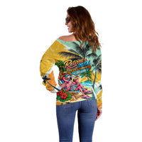 Hawaii Retirement Vacation Off Shoulder Sweater Tropical Sunset Beach Pink Flamingo Surfboard Palm Tree TS04 - Polynesian Pride