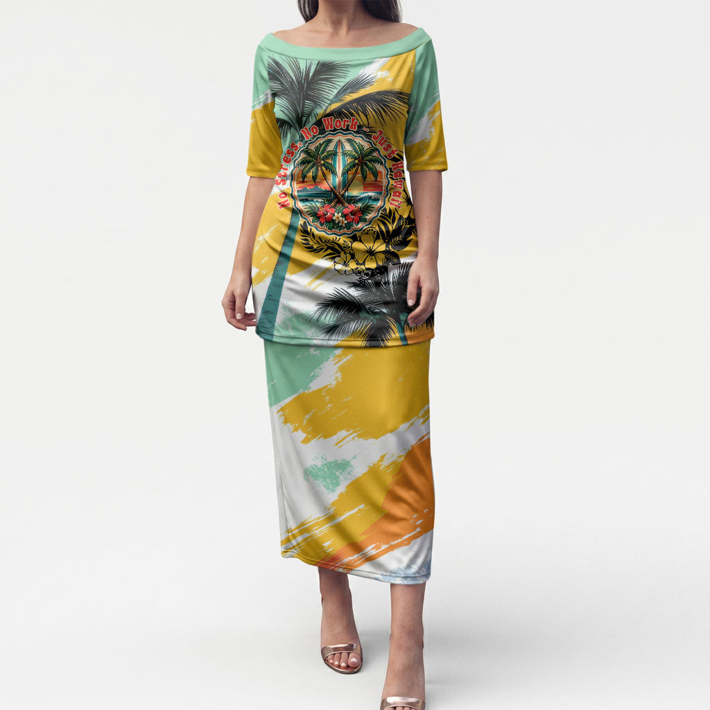Hawaii Retirement Vacation Puletasi Tropical Sunset Beach Pink Flamingo Surfboard Palm Tree TS04 Long Dress Yellow Green - Polynesian Pride
