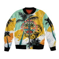 Hawaii Retirement Vacation Sleeve Zip Bomber Jacket Tropical Sunset Beach Pink Flamingo Surfboard Palm Tree TS04 Unisex Yellow Green - Polynesian Pride