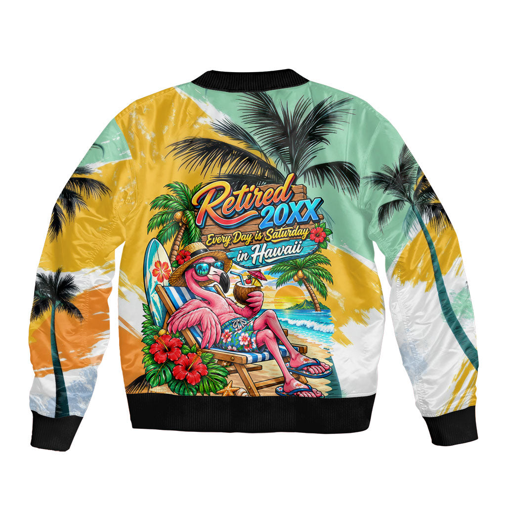 Hawaii Retirement Vacation Sleeve Zip Bomber Jacket Tropical Sunset Beach Pink Flamingo Surfboard Palm Tree TS04 - Polynesian Pride