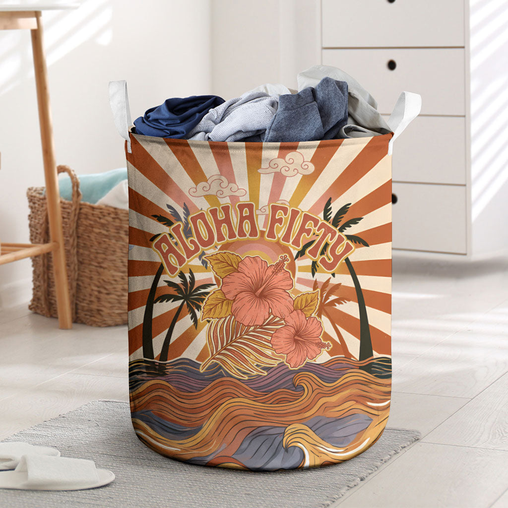 Aloha Nifty 50th Birthday Hawaii Laundry Basket Vintage Retro Sunburst Tropical Palm Tree Surfboard Art TS04 Orange Beige - Polynesian Pride