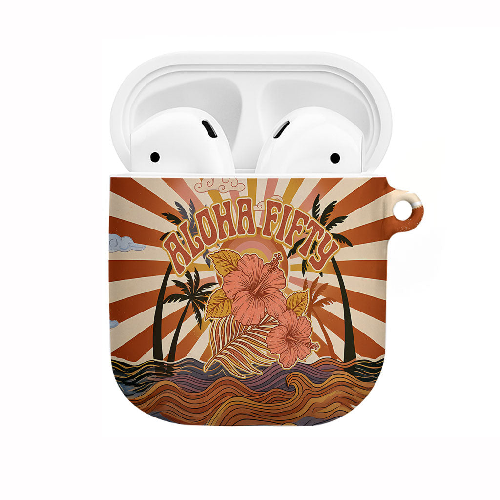Aloha Nifty 50th Birthday Hawaii AirPods Case Vintage Retro Sunburst Tropical Palm Tree Surfboard Art TS04 Orange Beige - Polynesian Pride