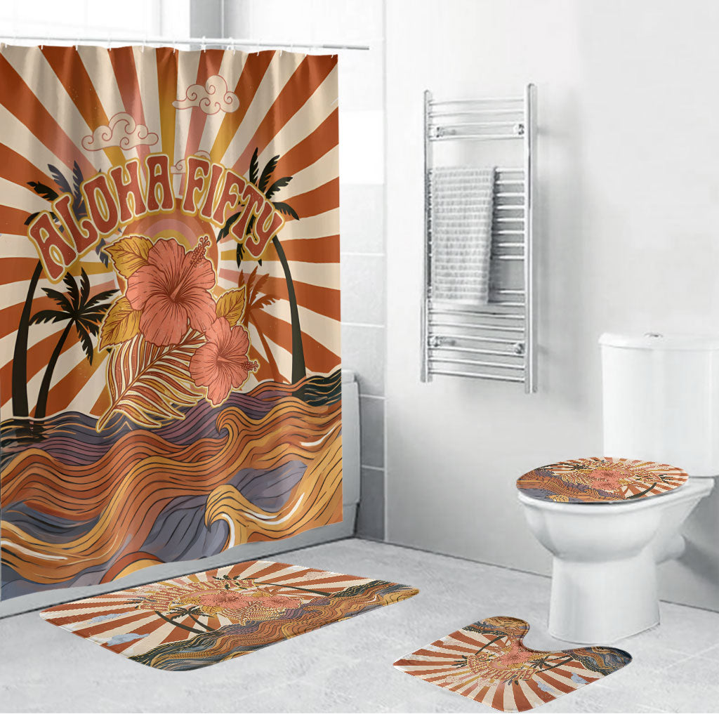 Aloha Nifty 50th Birthday Hawaii Bathroom Set Vintage Retro Sunburst Tropical Palm Tree Surfboard Art