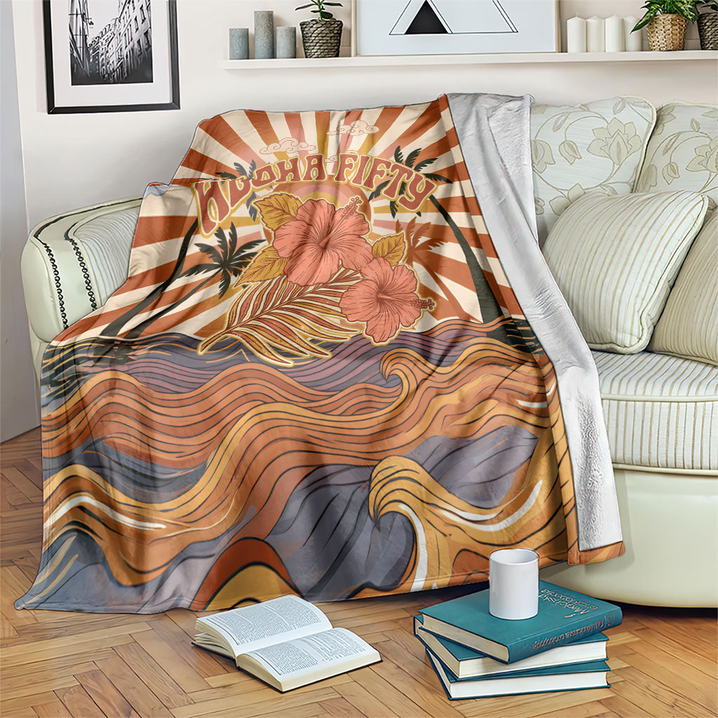 Aloha Nifty 50th Birthday Hawaii Blanket Vintage Retro Sunburst Tropical Palm Tree Surfboard Art TS04 Orange Beige - Polynesian Pride