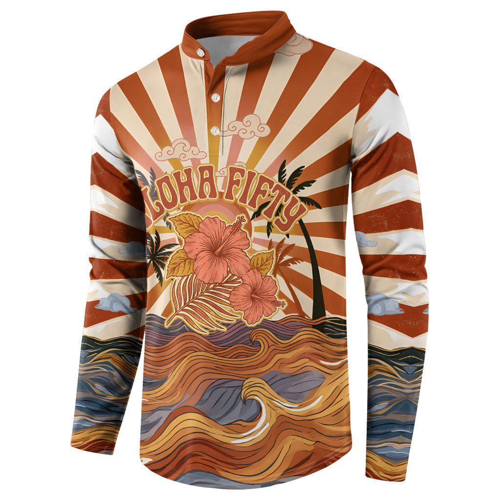 Aloha Nifty 50th Birthday Hawaii Button Sweatshirt Vintage Retro Sunburst Tropical Palm Tree Surfboard Art TS04 - Polynesian Pride