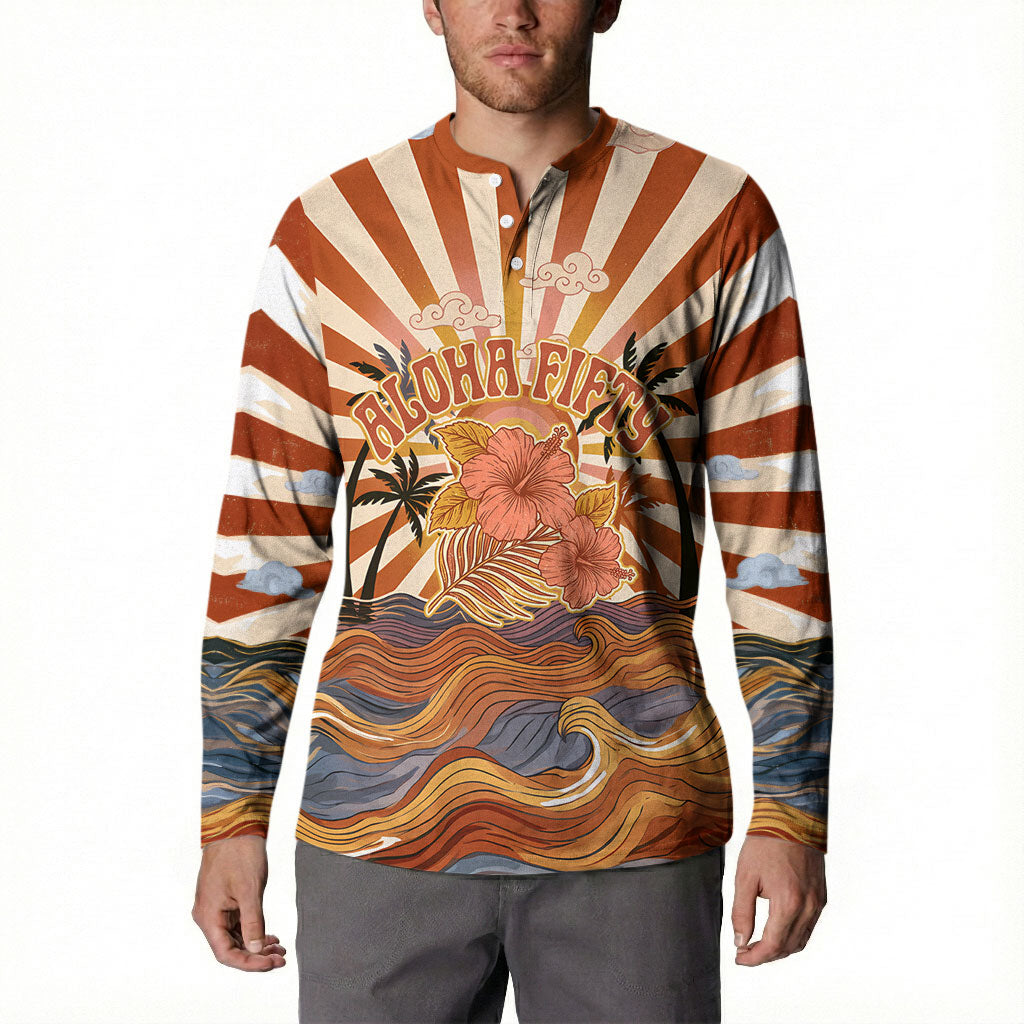 Aloha Nifty 50th Birthday Hawaii Button Sweatshirt Vintage Retro Sunburst Tropical Palm Tree Surfboard Art TS04 - Polynesian Pride
