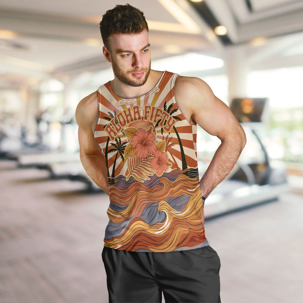 Aloha Nifty 50th Birthday Hawaii Men Tank Top Vintage Retro Sunburst Tropical Palm Tree Surfboard Art TS04 Orange Beige - Polynesian Pride