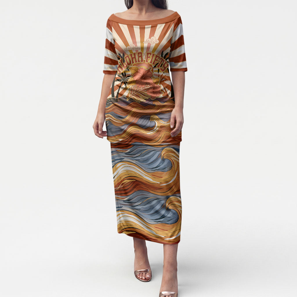 Aloha Nifty 50th Birthday Hawaii Puletasi Vintage Retro Sunburst Tropical Palm Tree Surfboard Art TS04 Long Dress Orange Beige - Polynesian Pride