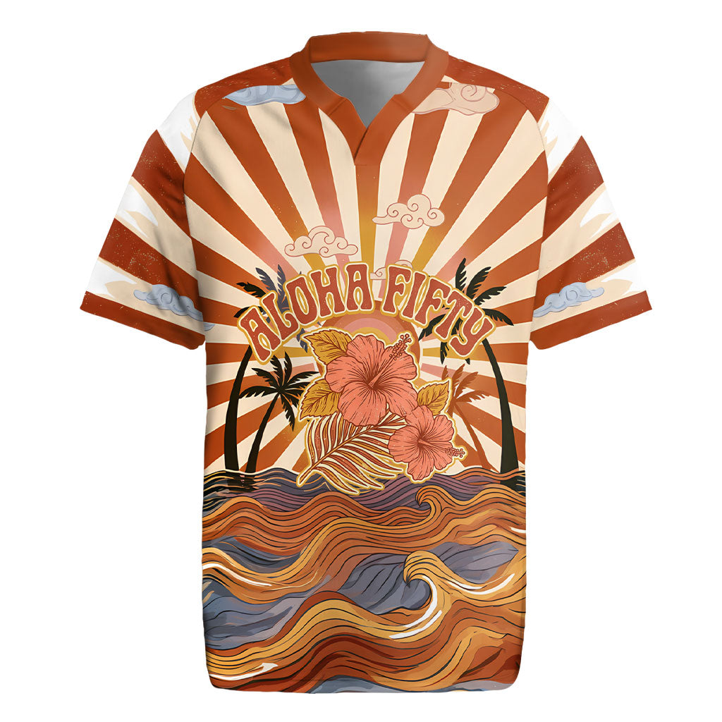 Aloha Nifty 50th Birthday Hawaii Rugby Jersey Vintage Retro Sunburst Tropical Palm Tree Surfboard Art TS04 Orange Beige - Polynesian Pride