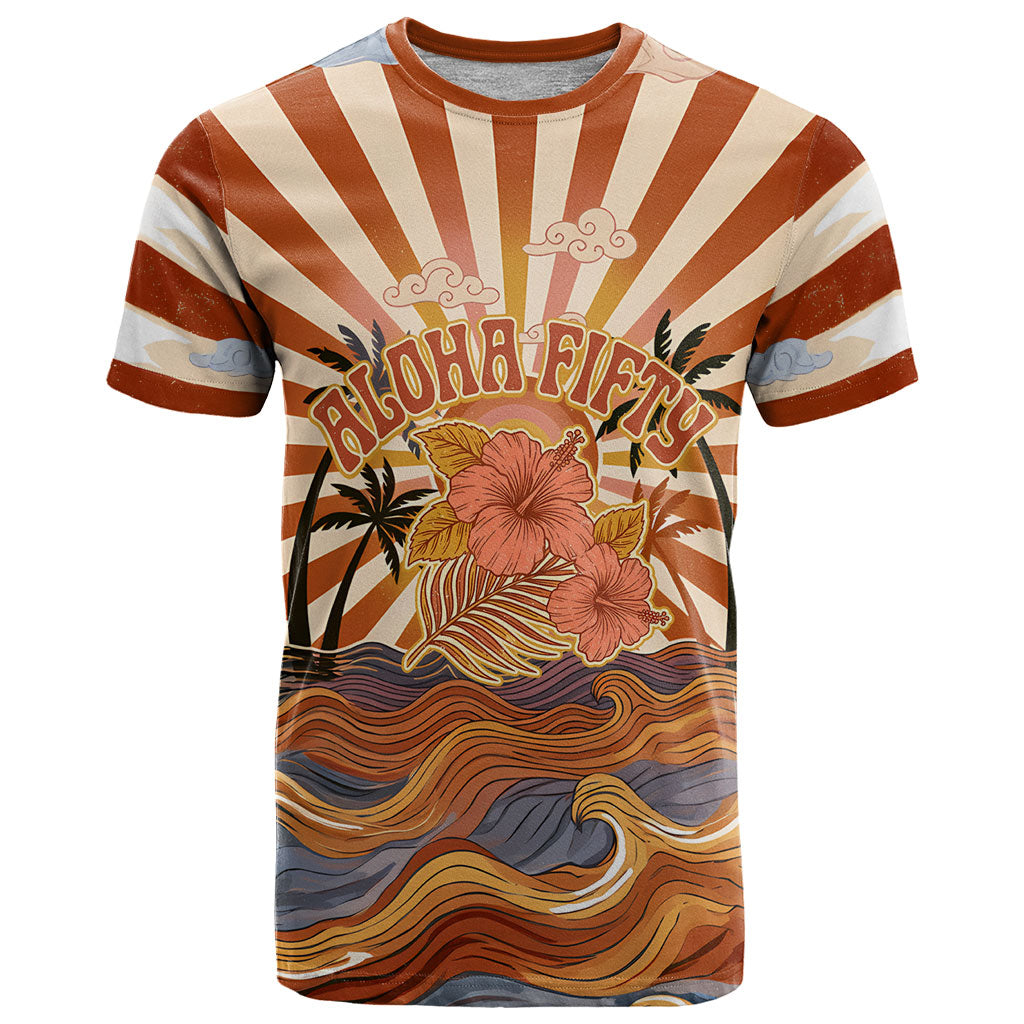 Aloha Nifty 50th Birthday Hawaii T Shirt Vintage Retro Sunburst Tropical Palm Tree Surfboard Art TS04 Orange Beige - Polynesian Pride