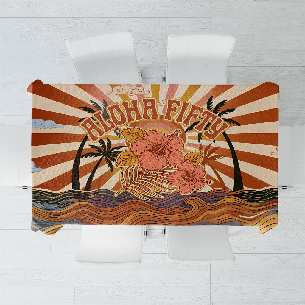 Aloha Nifty 50th Birthday Hawaii Tablecloth Vintage Retro Sunburst Tropical Palm Tree Surfboard Art TS04 Orange Beige - Polynesian Pride