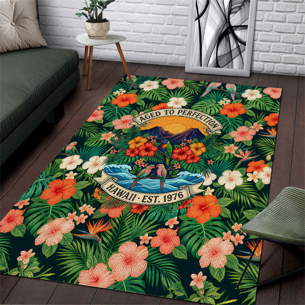 Hawaii 50th Birthday Area Rug Tropical Vintage Floral Hibiscus Parrot Island Sunset Art TS04 Green Pink - Polynesian Pride