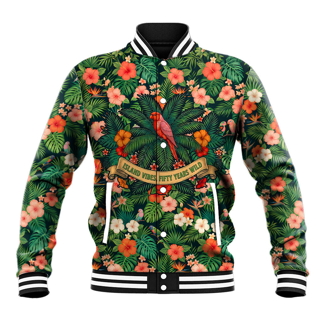 Hawaii 50th Birthday Baseball Jacket Tropical Vintage Floral Hibiscus Parrot Island Sunset Art TS04 Unisex Green Pink - Polynesian Pride