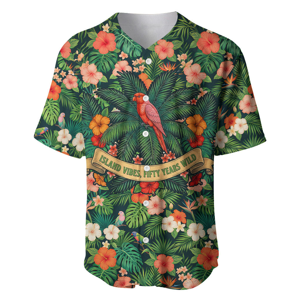 Hawaii 50th Birthday Baseball Jersey Tropical Vintage Floral Hibiscus Parrot Island Sunset Art TS04 Green Pink - Polynesian Pride