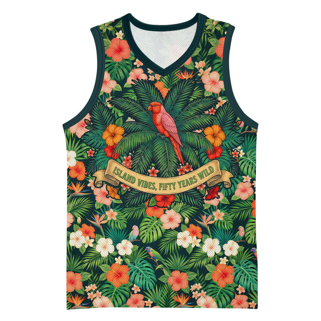 Hawaii 50th Birthday Basketball Jersey Tropical Vintage Floral Hibiscus Parrot Island Sunset Art TS04 Unisex Green Pink - Polynesian Pride