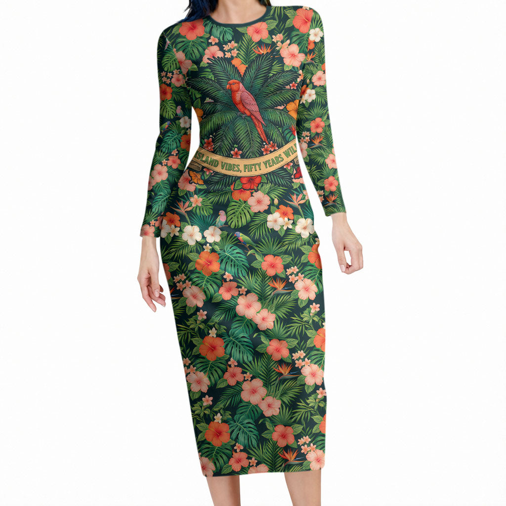 Hawaii 50th Birthday Long Sleeve Bodycon Dress Tropical Vintage Floral Hibiscus Parrot Island Sunset Art TS04 Long Dress Green Pink - Polynesian Pride