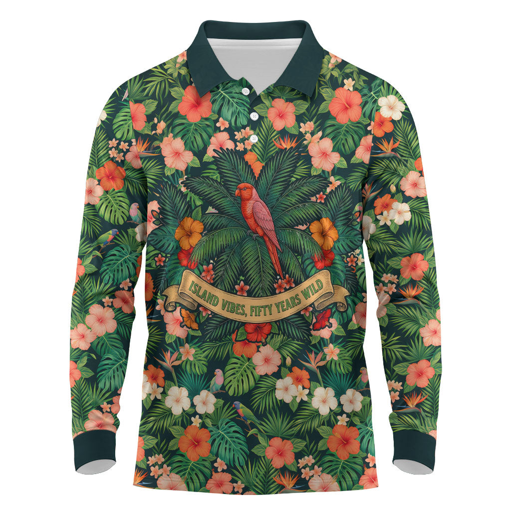 Hawaii 50th Birthday Long Sleeve Polo Shirt Tropical Vintage Floral Hibiscus Parrot Island Sunset Art TS04 Green Pink - Polynesian Pride